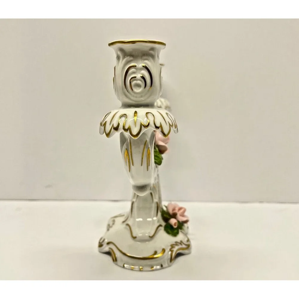 Vintage AK W. Germany Double Porcelain Candle Holder 700–Pink Rose Dresden Style